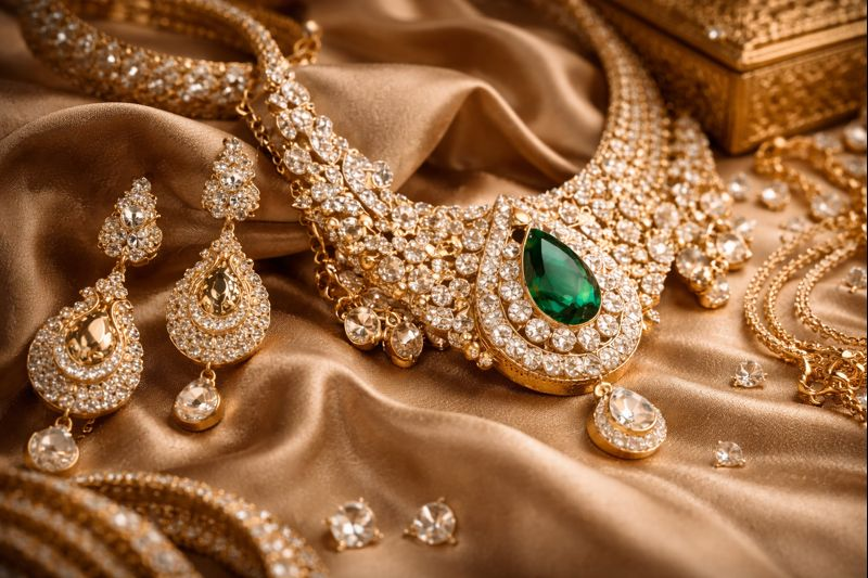 Traditional Indian bridal jewellery set with ornate necklace and earrings