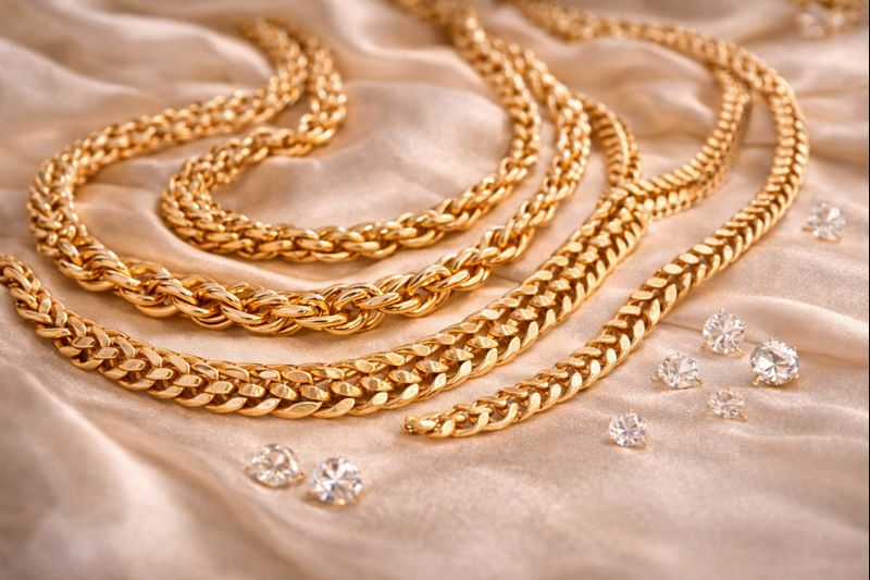 Gold chains in various patterns displayed on elegant white silk fabric
