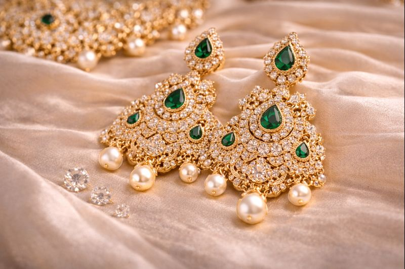 Gold earrings collection showcasing various styles from studs to jhumkas