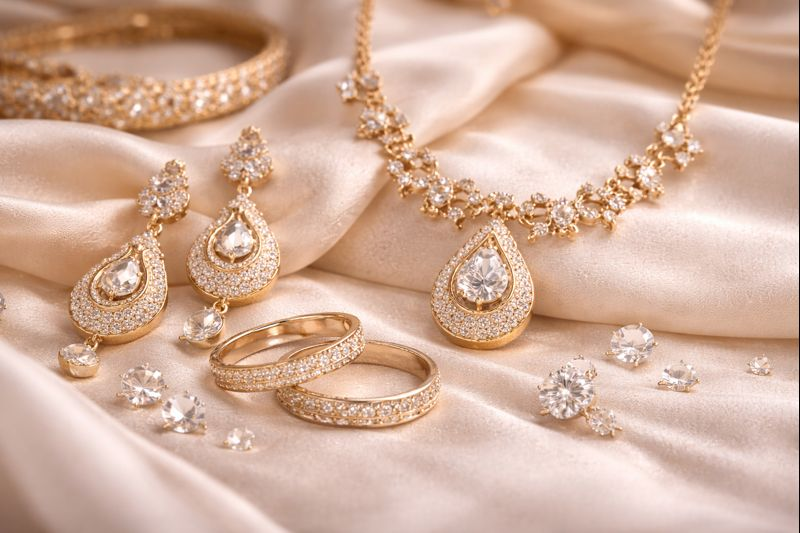 Elegant gold jewellery collection featuring intricate necklaces and bangles on white silk