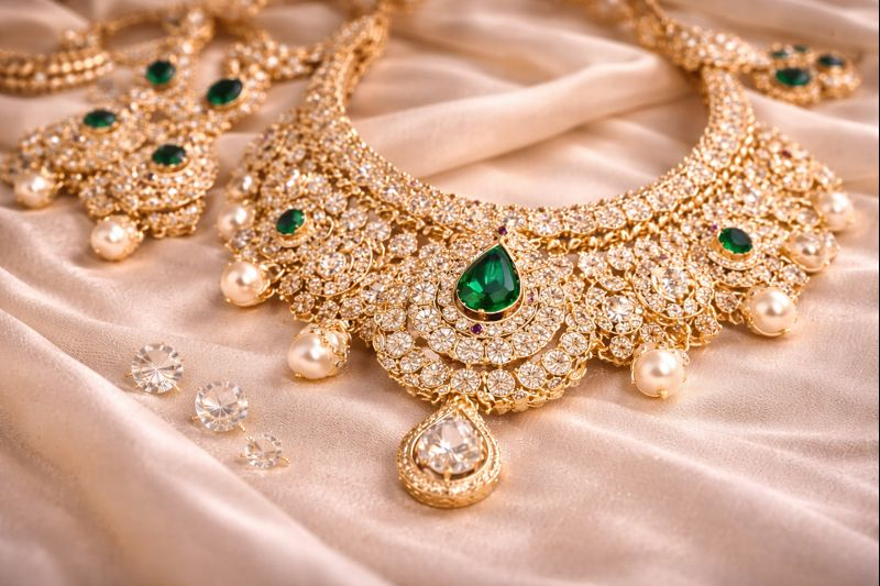 Ornate gold necklaces with traditional Indian design elements and gemstones