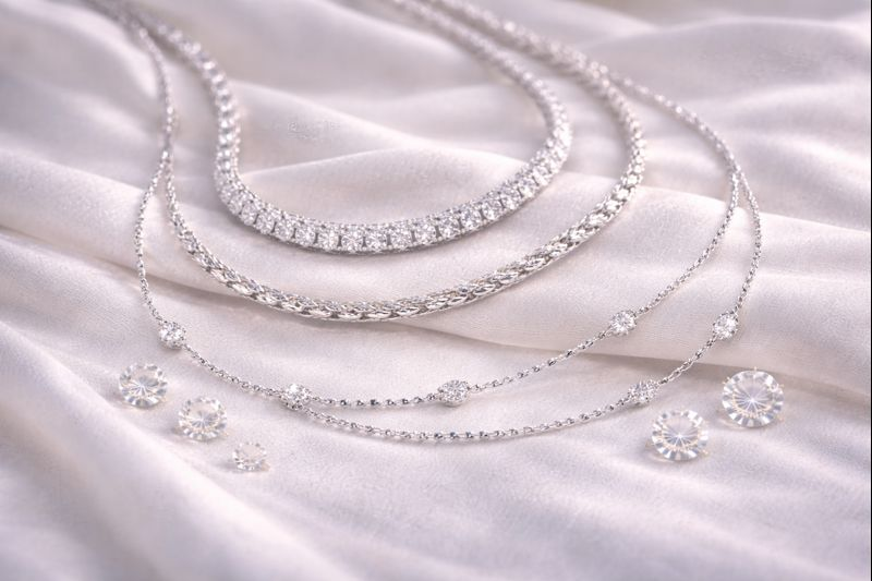 Sterling silver chains with modern designs displayed on white background