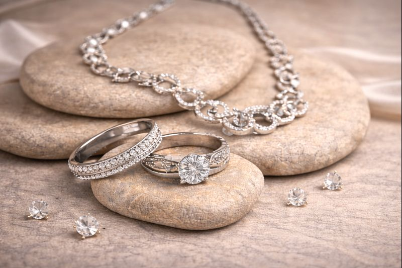 Silver jewellery collection with modern chains and rings on soft white background